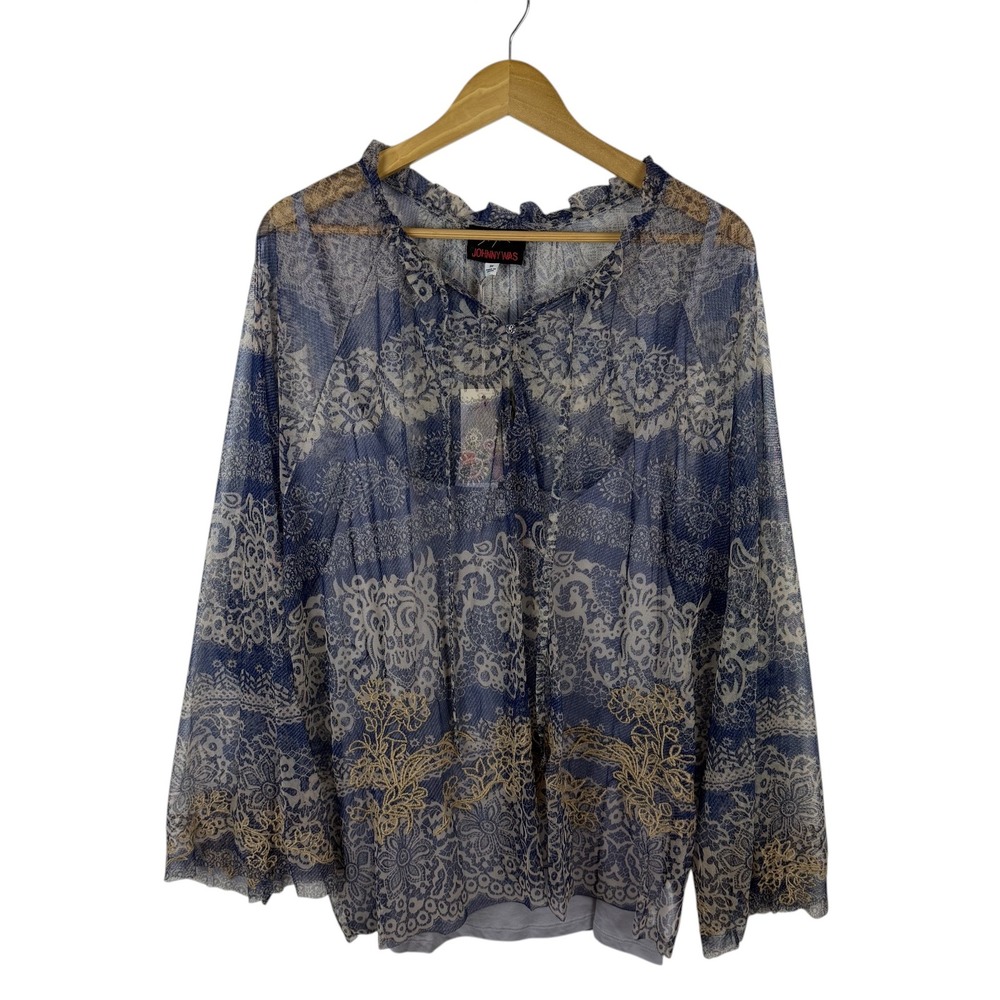 NWT Johnny Was Biya Mazzy Peasant Blouse Size 3X Francis Blue Mesh Embroidered - Picture 2 of 14